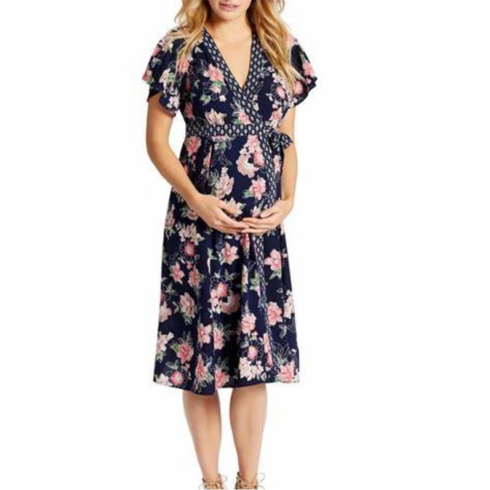 Jessica Simpson Maternity Wrap blue floral wrap midi dress size medium